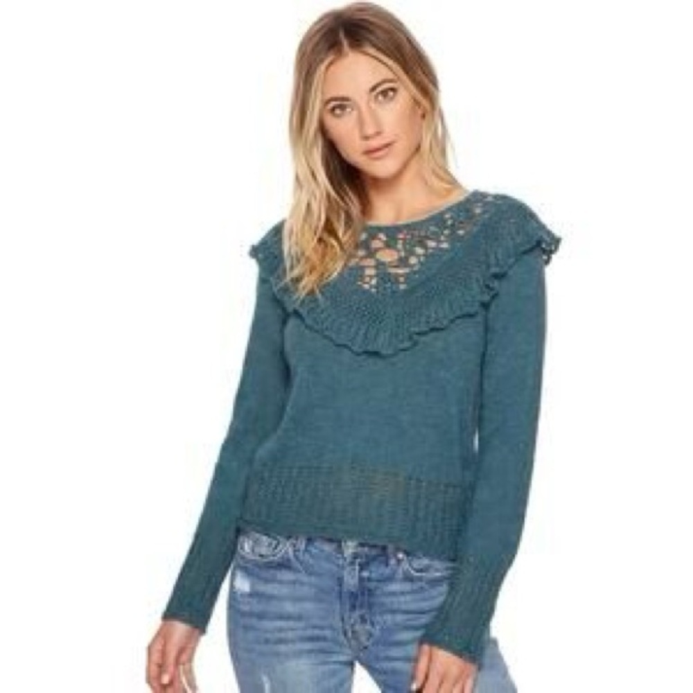 Free People Teal Ruffle Lace Top